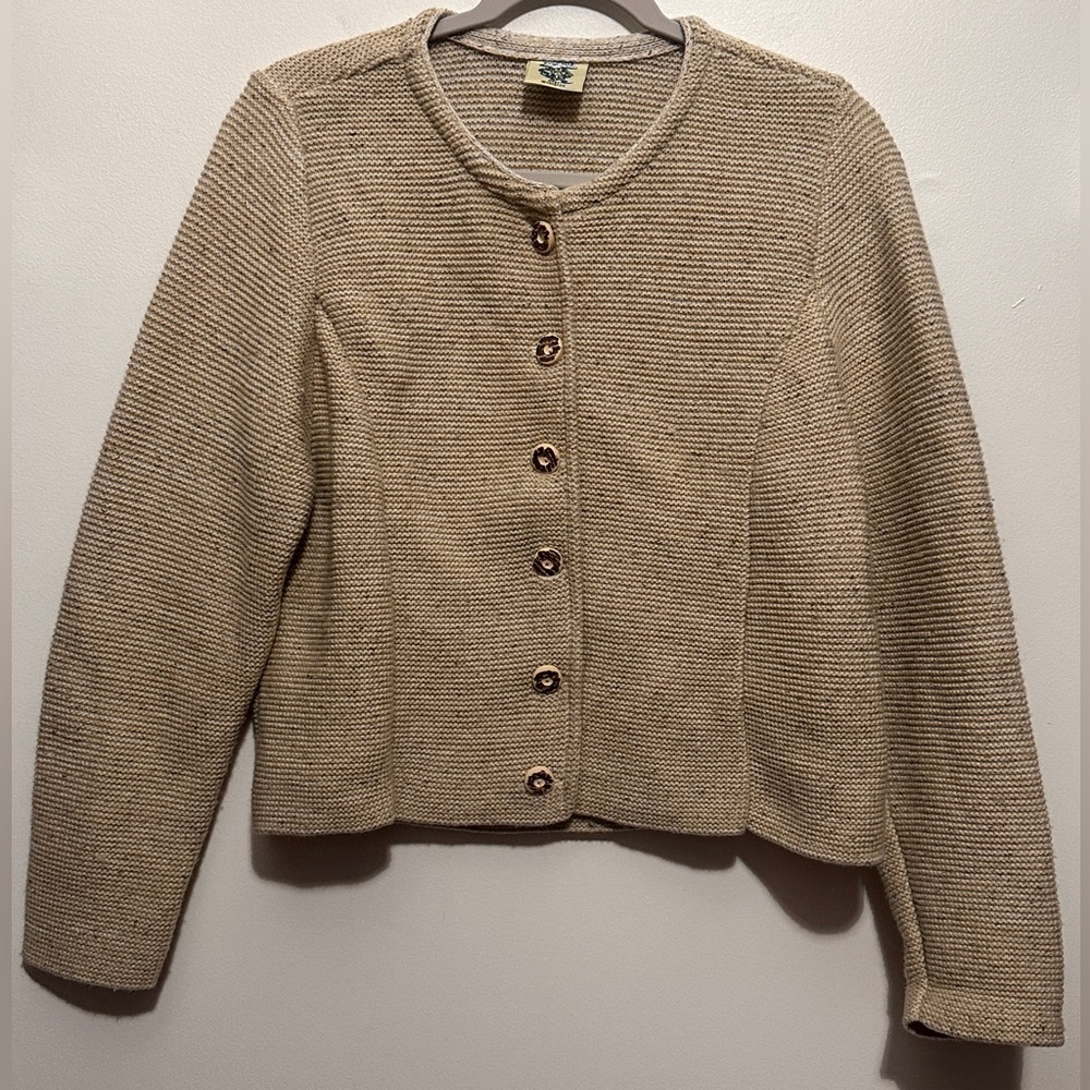 Women’s Isar-Trachten Bavarian Style Cardigan Wool Blend Oatmeal Beige Size L